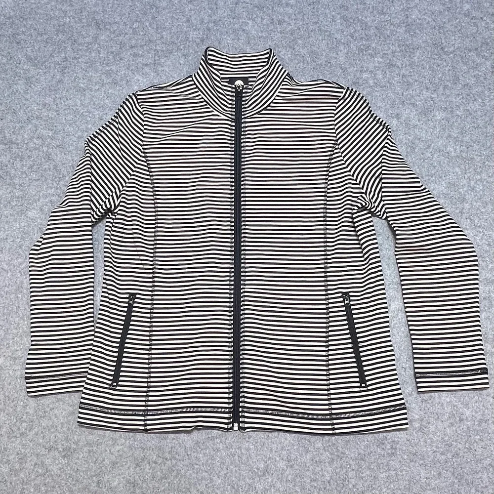 Jones New York Sport Black White Striped Full Zip Mock Neck Jacket Womens XL‎